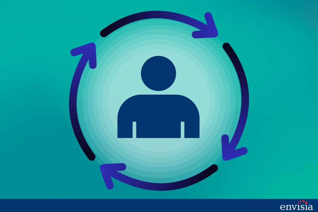 Illustration of a person surrounded by circular arrows, symbolizing the continuous flow of feedback in 360-degree reviews.