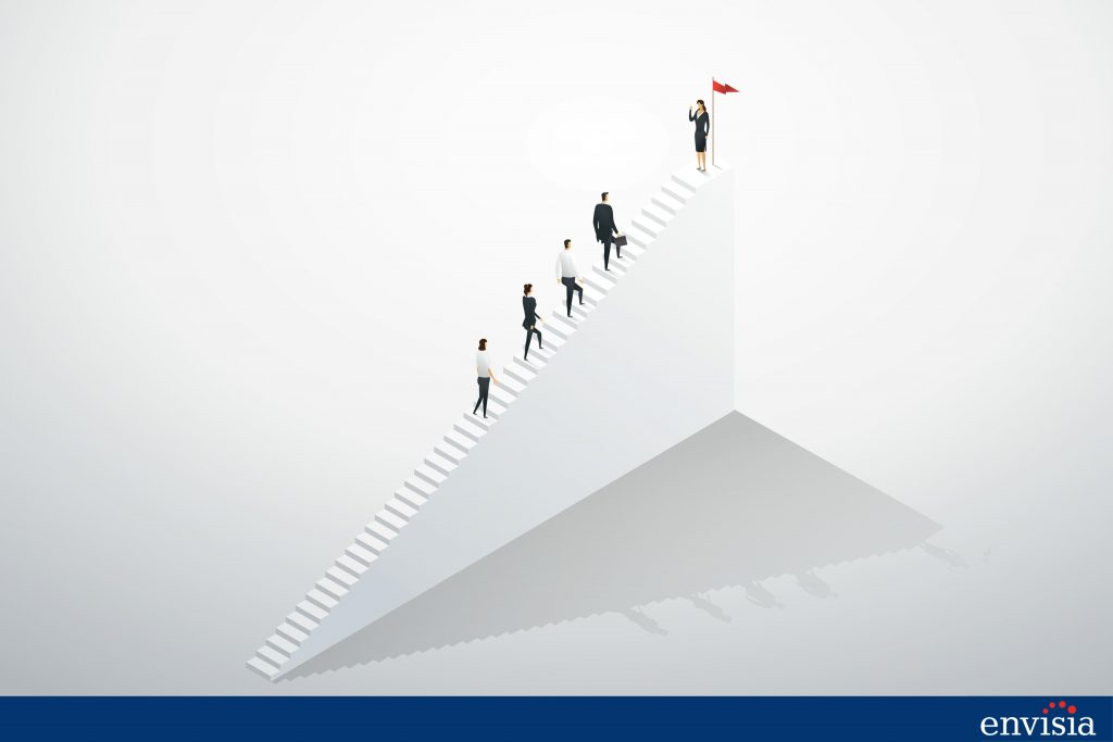 Graphic showing individuals ascending stairs toward leadership, symbolizing development through 360-degree feedback.