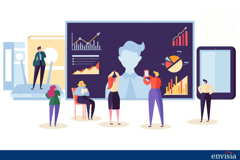 Illustration of people analyzing graphs and data representing the diverse feedback in a 360-degree feedback system.