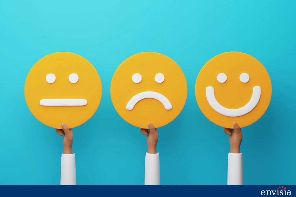 Three feedback response icons showing happy, neutral, and sad expressions to illustrate diverse reactions in 360-degree feedback.