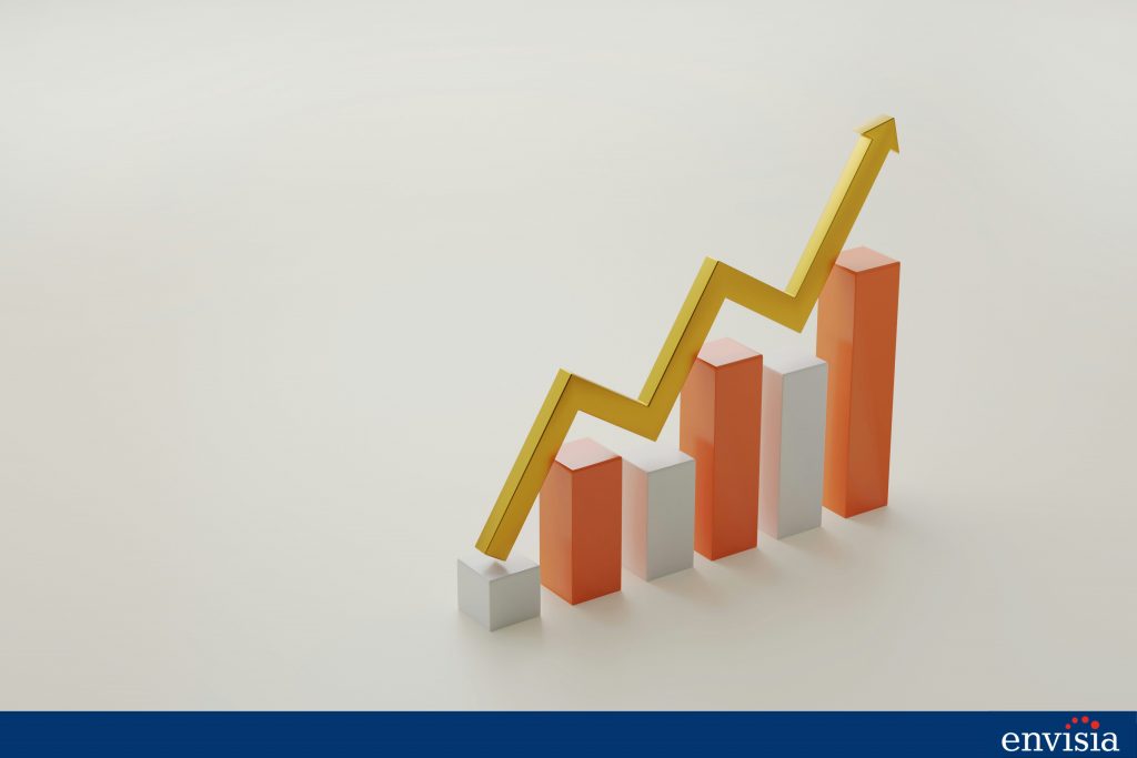 Bar graph with a rising arrow representing the return on investment in leadership development programs.