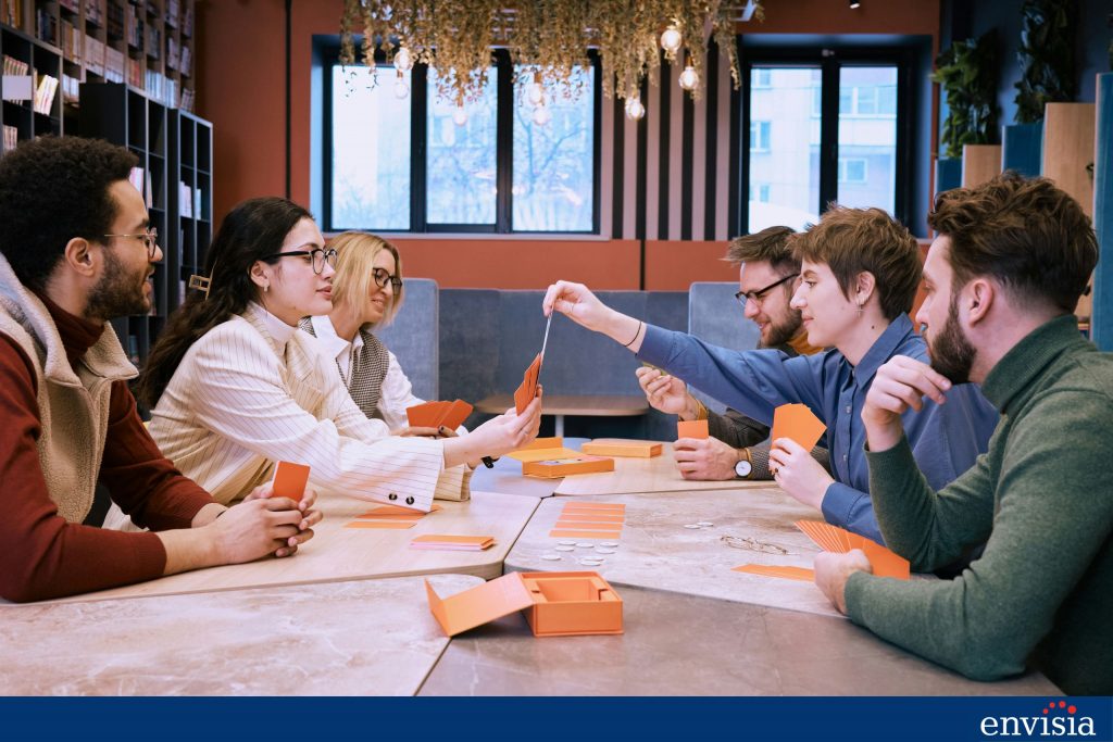 Group of professionals collaborating, representing thoughtful decision-making in sharing 360-degree feedback.