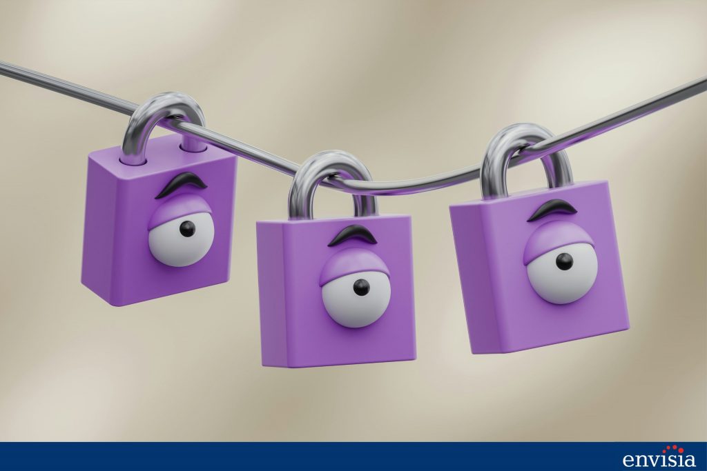 Three purple padlocks with animated eyes, symbolizing the importance of privacy and security in keeping the confidentiality of 360-degree feedback.