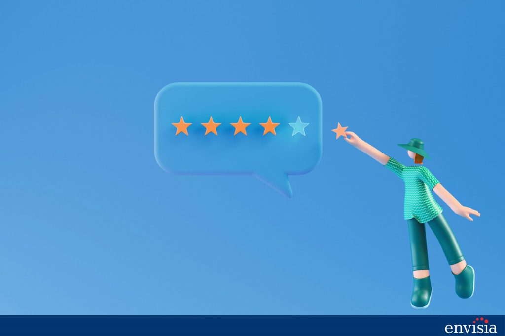 A rating system speech bubble with a person adding a rating, reflecting anonymous feedback and multi-rater assessments in leadership reviews